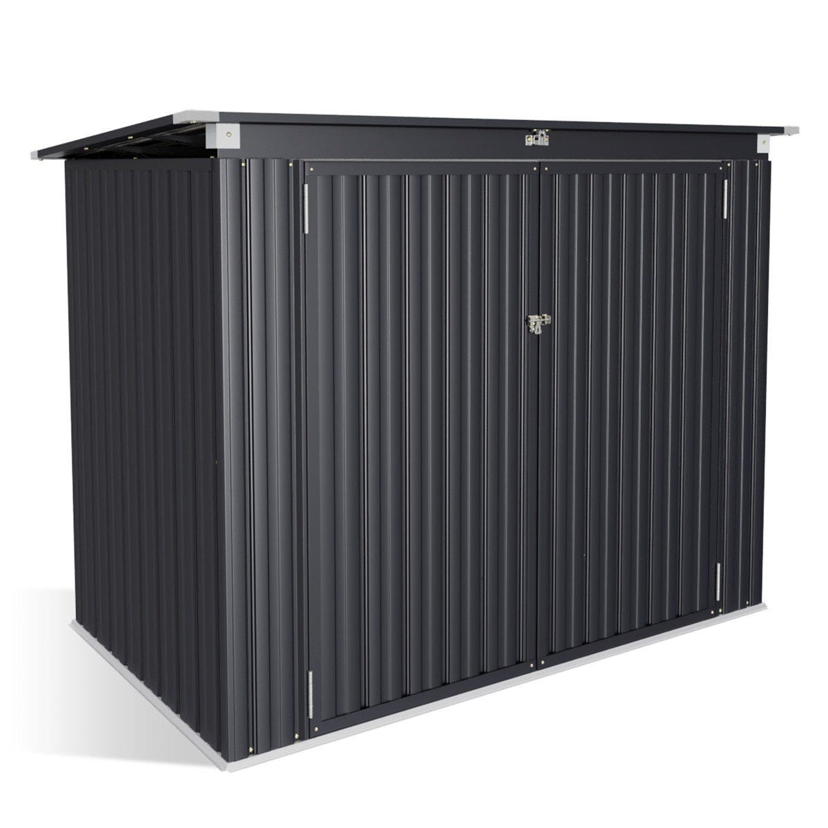 A dark gray metal outdoor storage shed with double doors, featuring a slanted roof and a padlock for security.