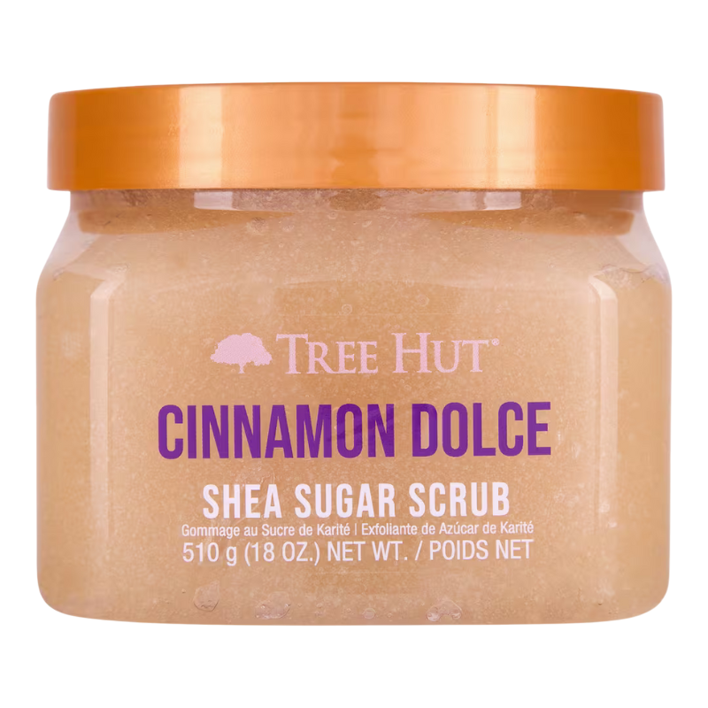 Tree Hut Cinnamon Dolce Shea Sugar Scrub, 510g (18 oz), features an exfoliating formula with a cinnamon scent.