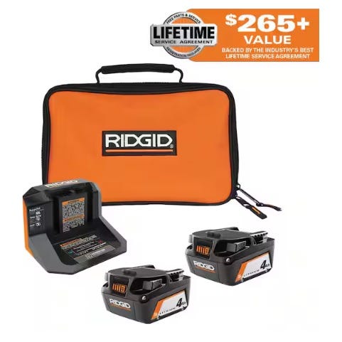RIDGID power tool kit including an orange carrying case, a charger, and two 4.0 Ah batteries with a lifetime service agreement.