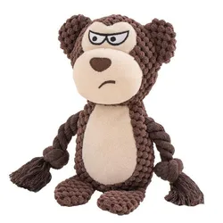 A plush toy resembling a monkey with a textured brown body, cream-colored face and belly, and an exaggerated angry expression. The arms and legs are made of braided rope.