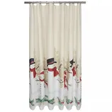 Shower curtain featuring snowmen with black hats and red scarves, set against a wintery background with trees and greenery.