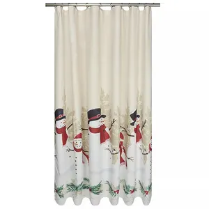 Shower curtain featuring snowmen with black hats and red scarves, set against a wintery background with trees and greenery.