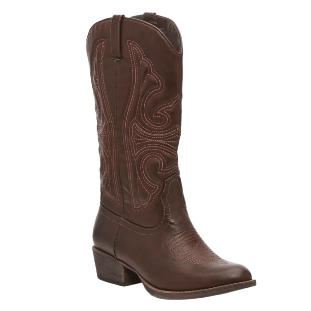 A brown cowboy boot with decorative stitching, featuring a medium-height heel and pull tabs for easy wearing.