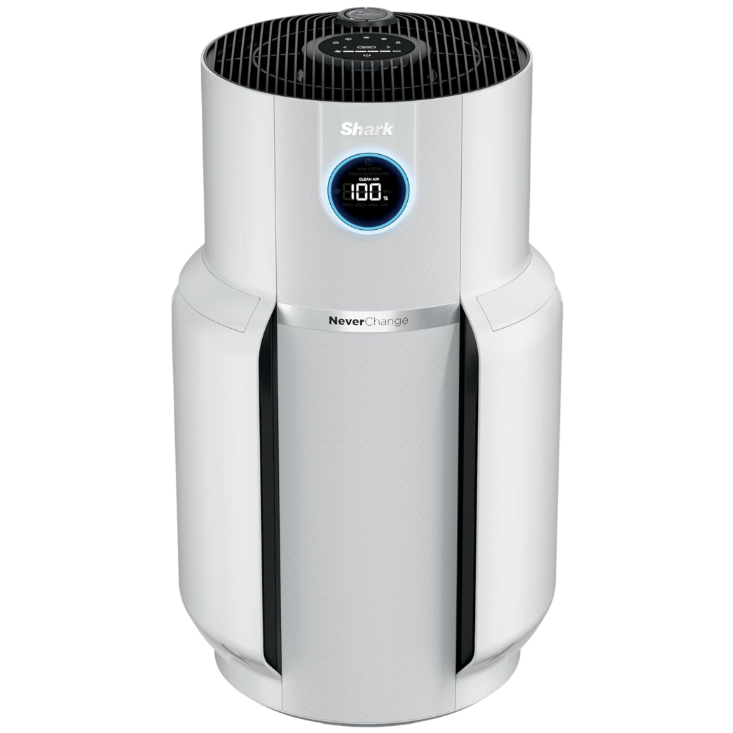 Shark air purifier with a NeverChange filter and digital display screen indicating air quality status.