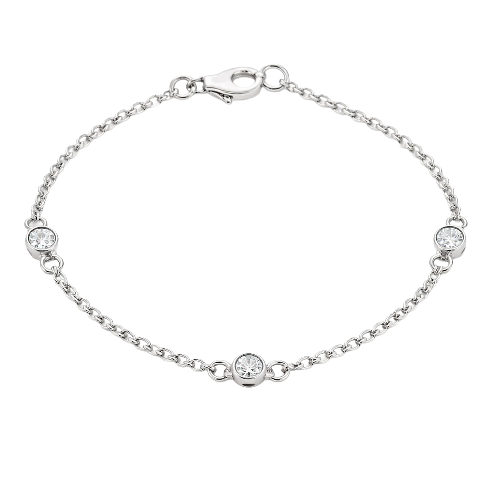 A delicate silver bracelet with a chain design featuring three evenly spaced round clear gemstones and a lobster clasp closure.