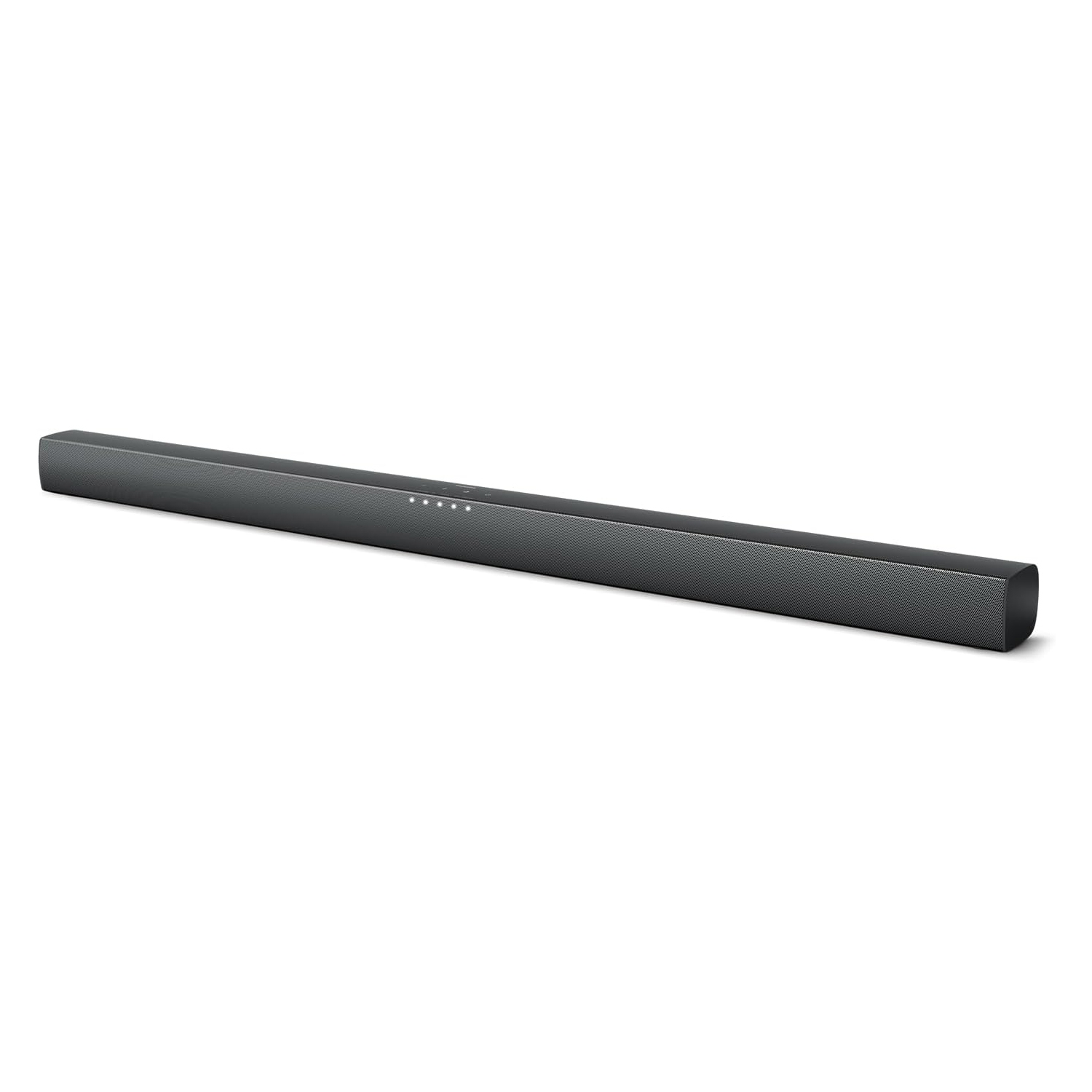 A sleek black soundbar with a minimalist design, featuring a row of control buttons on top.