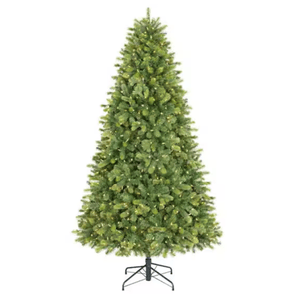 Artificial Christmas tree with dense green foliage and a metal stand.