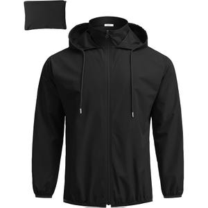 A black hooded jacket with a zip front and a matching compact pouch.