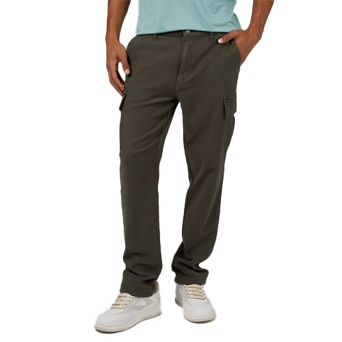 Dark green sweatpant cargo pants with a relaxed fit and side cargo pockets for additional storage. Paired with white sneakers and a light blue shirt.