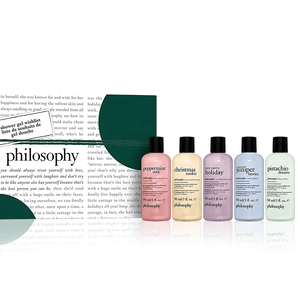 5-piece Philosophy Shower Gel Gift Set features 90ml bottles of gel in scents: Peppermint Stick, Christmas Cookie, Very Merry Holiday, Juniper Berries, and Pistachio Dreams.
