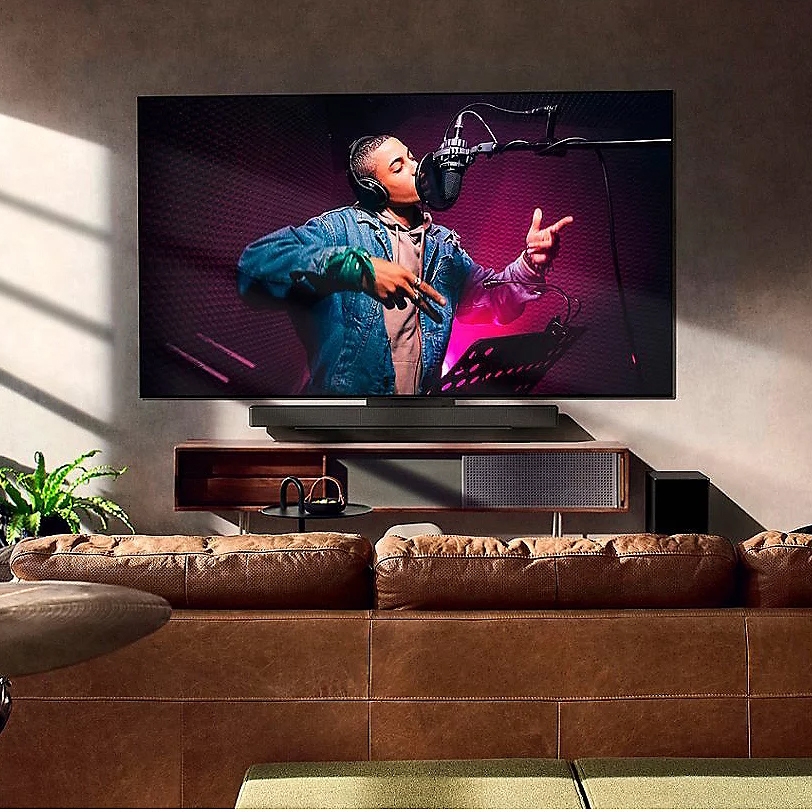 Mounted flat-screen TV, soundbar, and leather sofa in a living room.