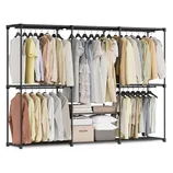A freestanding wardrobe with a metal frame features clothing on hangers, multiple storage shelves, folded clothes, and boxes.