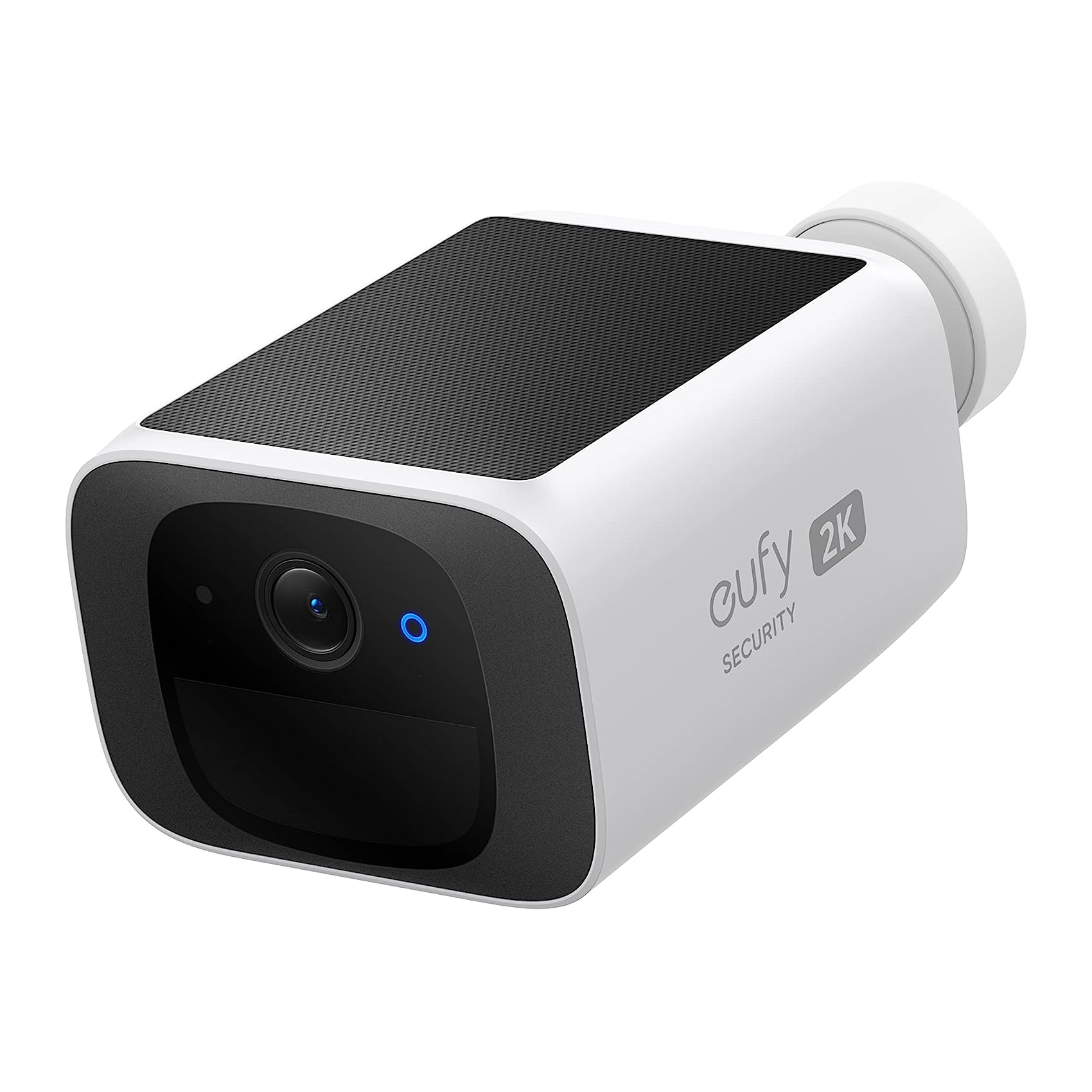 A white and black Eufy 2K resolution outdoor security camera with visible branding and a blue indicator light.