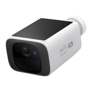 A white and black Eufy 2K resolution outdoor security camera with visible branding and a blue indicator light.
