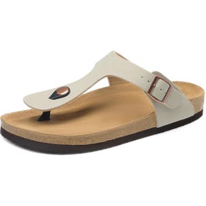 Women's Arch-Support Sandals featuring a beige upper with a toe post design, an adjustable buckle strap, and a comfortable cork-like footbed on a dark sole.
