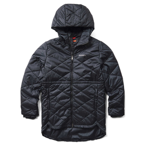 The Merrell Provin Insulated Parka is a black, quilted jacket with a hood and full zipper. It's designed for warmth and features the Merrell logo on the chest.