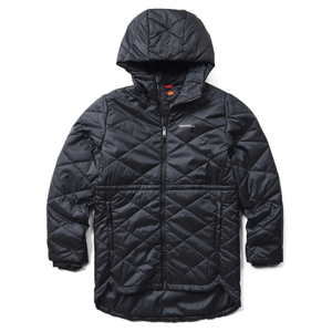 The Merrell Provin Insulated Parka is a black, quilted jacket with a hood and full zipper. It's designed for warmth and features the Merrell logo on the chest.