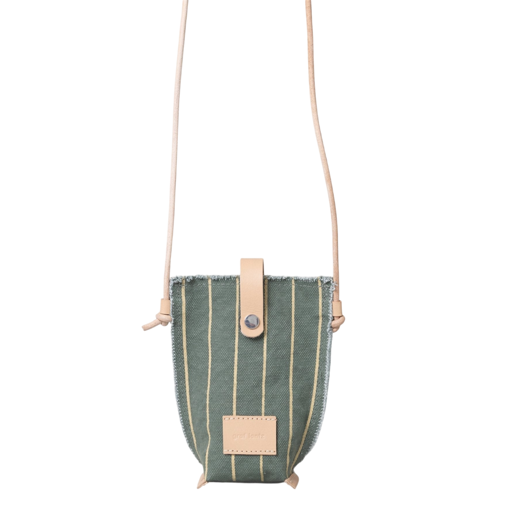 Green striped fabric pouch with leather accents, a snap closure, and an adjustable leather strap, suitable for carrying small items.