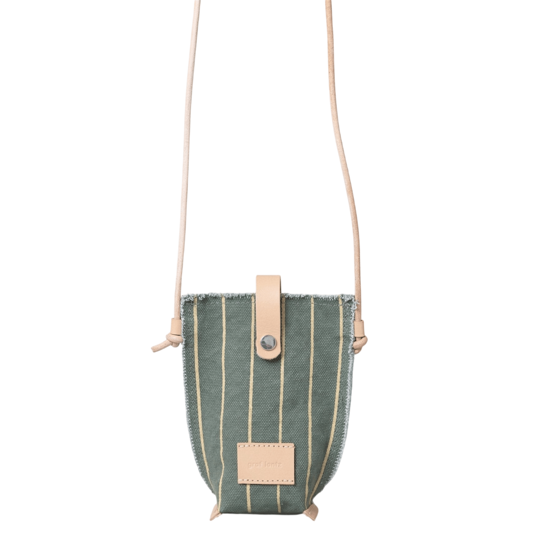 Green striped fabric pouch with leather accents, a snap closure, and an adjustable leather strap, suitable for carrying small items.