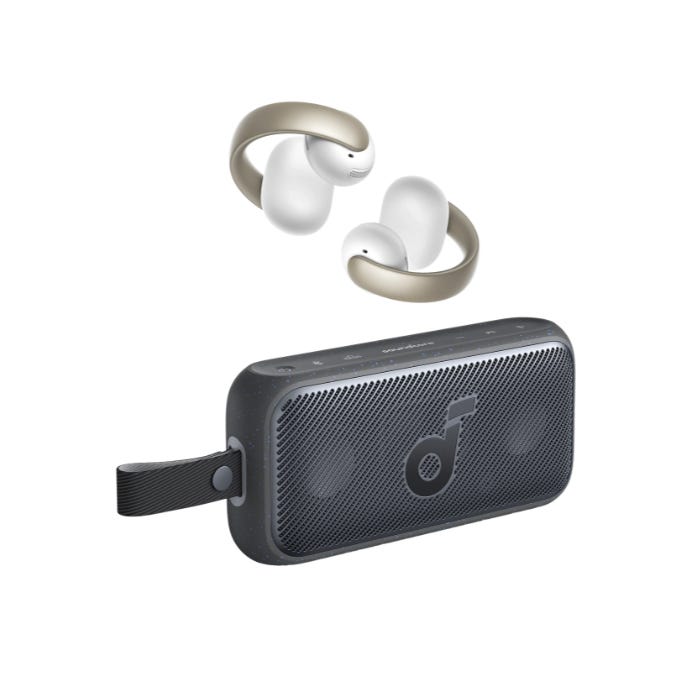Wireless earbuds with a sleek design in gold and white, alongside a compact portable speaker featuring a prominent logo and a strap on the side.