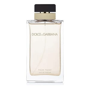 Dolce & Gabbana Pour Femme Eau de Parfum Spray is a women's fragrance in a clear rectangular bottle with a black and gold cap.