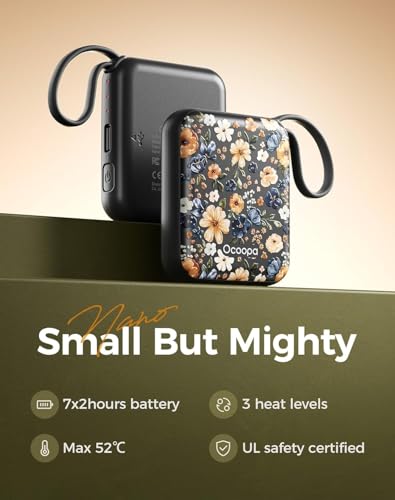 Portable hand warmer featuring floral and plain designs, offering up to 14 hours of battery life, 3 heat levels, maximum temperature of 52°C, and UL safety certification.