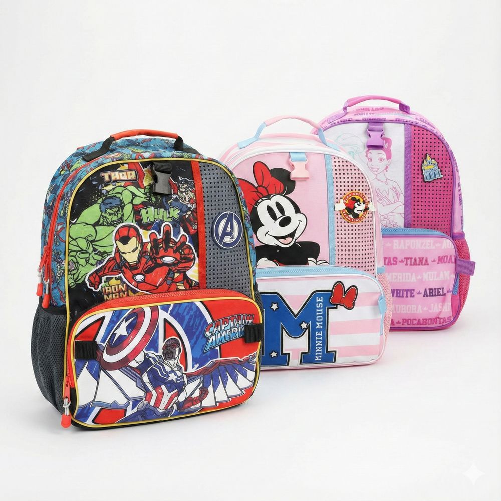 Three colorful backpacks featuring Marvel superheroes, Minnie Mouse, and Disney Princess designs.