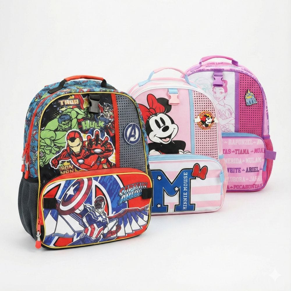 Three colorful backpacks featuring Marvel superheroes, Minnie Mouse, and Disney Princess designs.