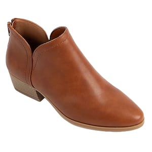 Brown ankle boot with a low block heel and a zipper at the back.
