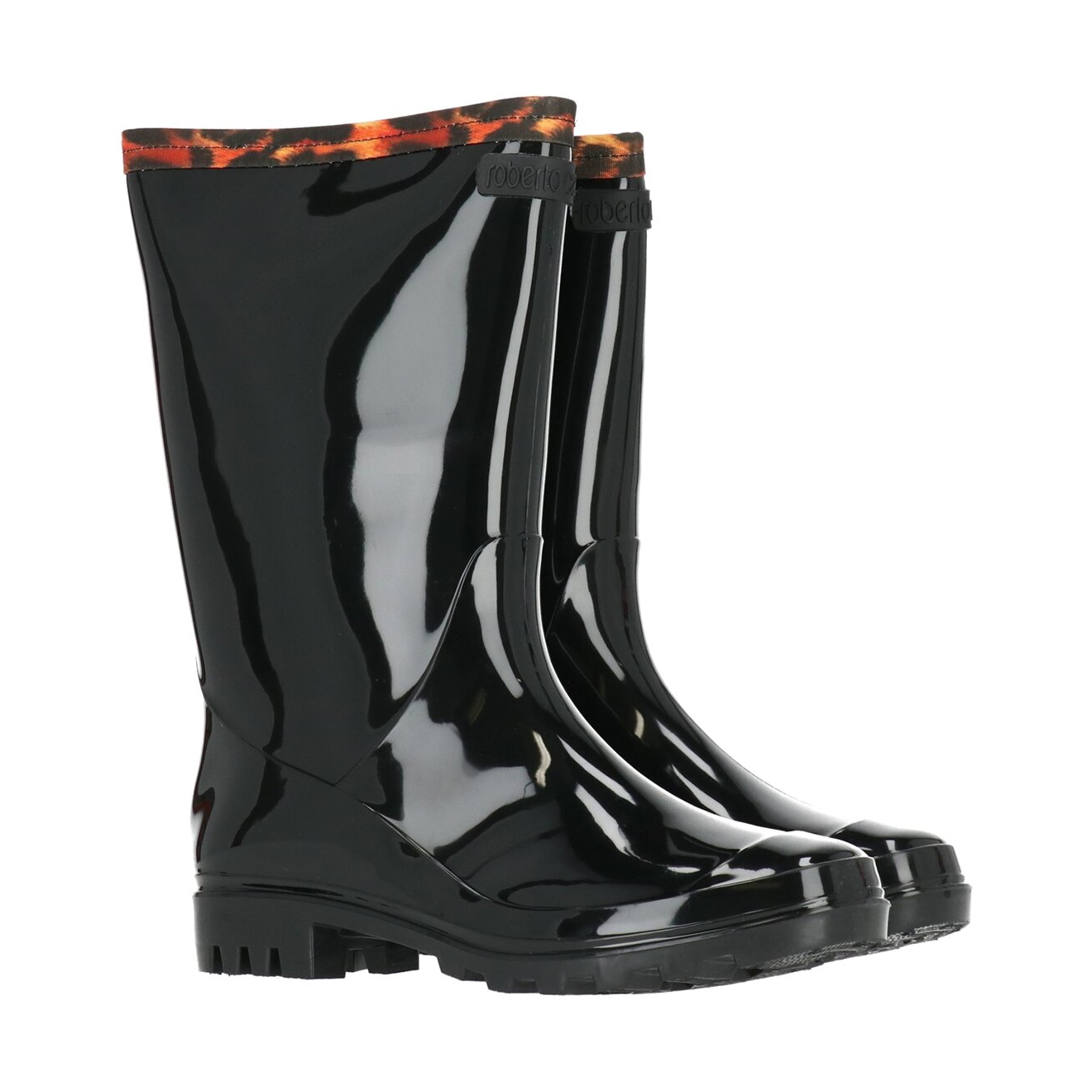 A pair of shiny black rain boots with an orange camouflage pattern on the upper trim.