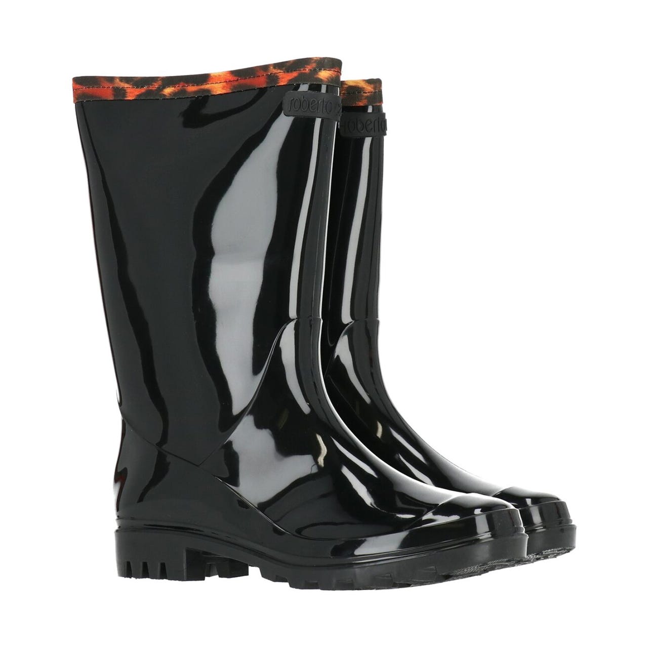 A pair of shiny black rain boots with an orange camouflage pattern on the upper trim.