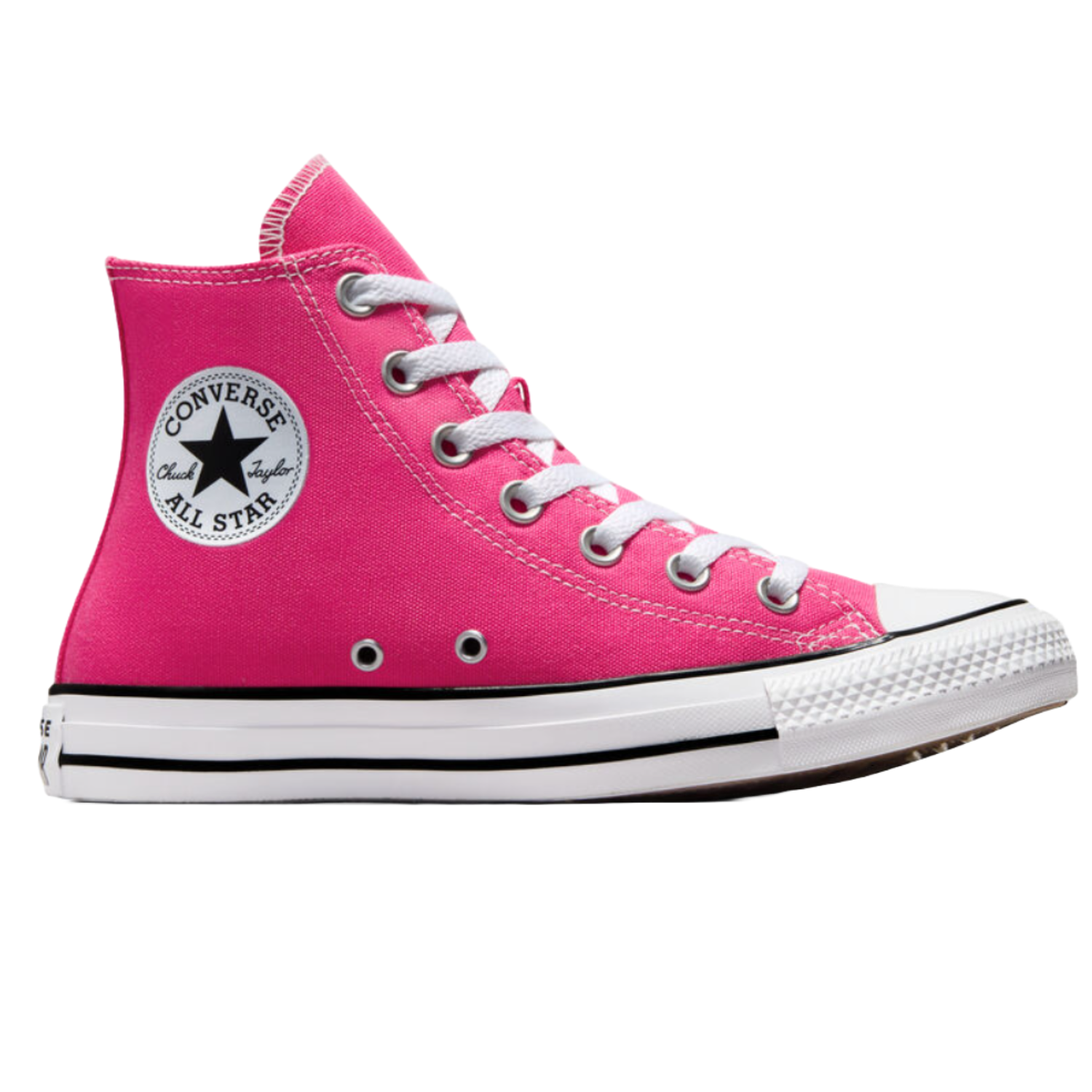 Bright pink high-top Converse All Star sneakers with classic white rubber toe caps, laces, and soles, featuring the iconic star-centered ankle patch.