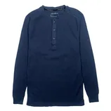 A navy blue long-sleeve henley shirt featuring a waffle texture and a buttoned placket.