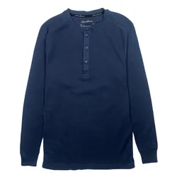 A navy blue long-sleeve henley shirt featuring a waffle texture and a buttoned placket.