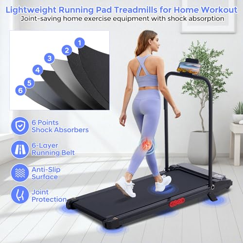 Lightweight treadmill for home workouts featuring 6-point shock absorbers, a 6-layer running belt, anti-slip surface, and joint protection.