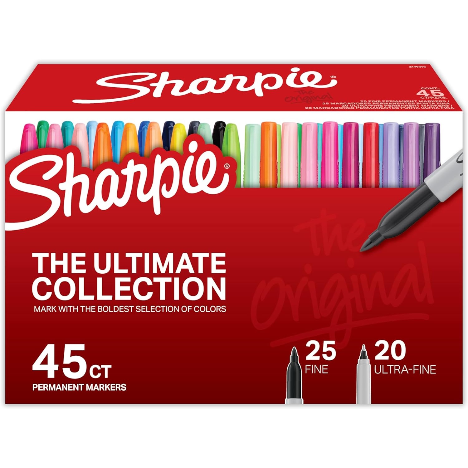 A package of Sharpie permanent markers with 45 assorted colors, including 25 fine and 20 ultra-fine tips.