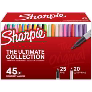 A package of Sharpie permanent markers with 45 assorted colors, including 25 fine and 20 ultra-fine tips.