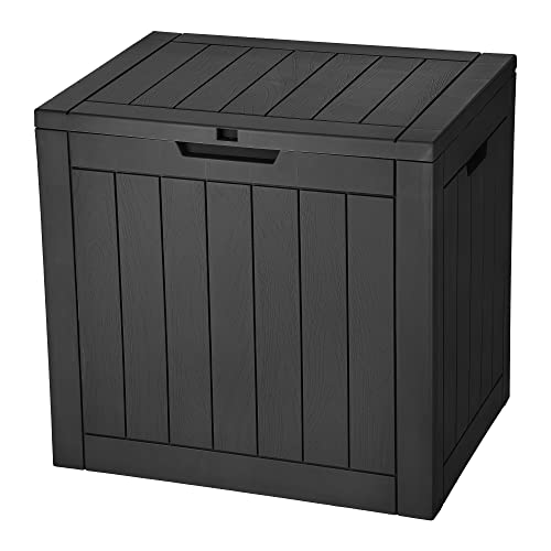 A black outdoor storage box with a hinged lid and wood-look paneling, suitable for organizing garden tools or cushions.