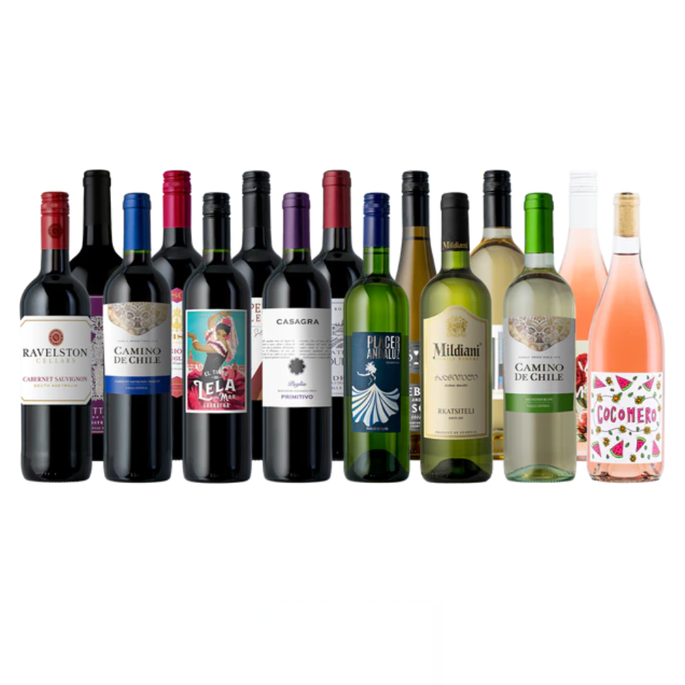 A selection of 12 wine bottles featuring a variety of red, white, and rosé wines from different brands, including Cabernet Sauvignon, Primitivo, and Rkatsiteli.