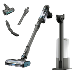 Cordless stick vacuum cleaner with detachable parts including a vacuum head, dusting brush, crevice tool, and motorized pet tool, alongside a charging base.