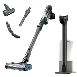Cordless stick vacuum cleaner with detachable parts including a vacuum head, dusting brush, crevice tool, and motorized pet tool, alongside a charging base.