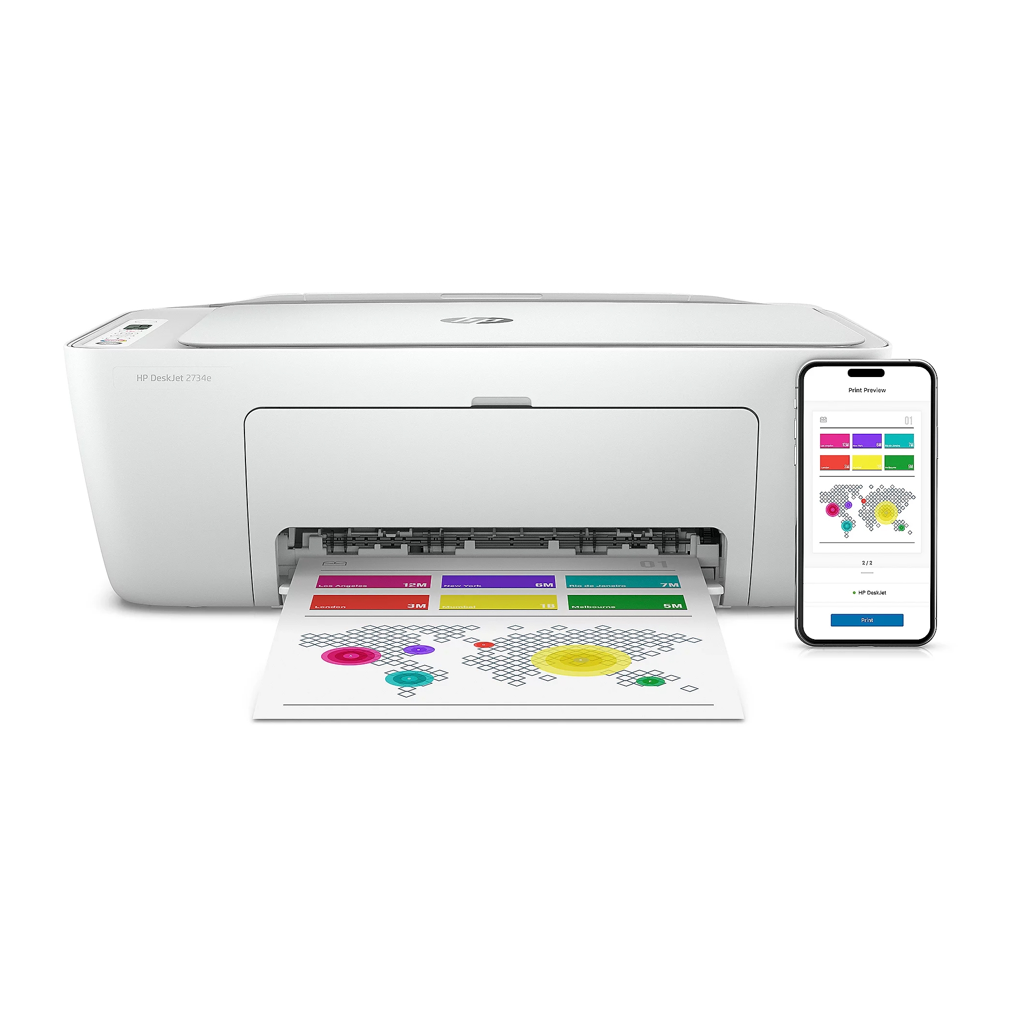 HP DeskJet 2734e wireless printer with a compact design, shown printing a colorful page. A smartphone displays a print preview screen, reflecting compatibility with mobile devices.
