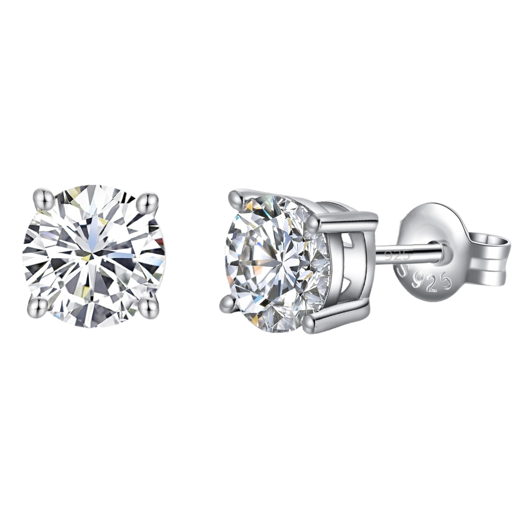 Silver & Moissanite stud earrings with a round-cut design set in a four-prong setting, featuring clear, sparkling stones on a post with a butterfly back. The metal is stamped with \“S925,\“ indicating sterling silver.