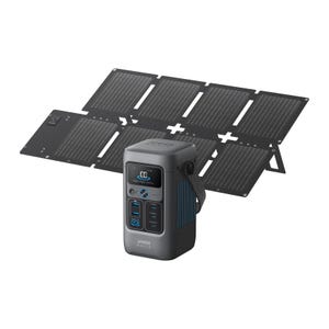 Anker Solar Power Station includes a portable power station with multiple USB ports, an AC outlet, and a display, accompanied by a foldable solar panel for charging.