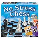No Stress Chess game box features chess pieces on a checkered board and instructional cards for learning the game. Designed for ages 7 and up, 2 players.