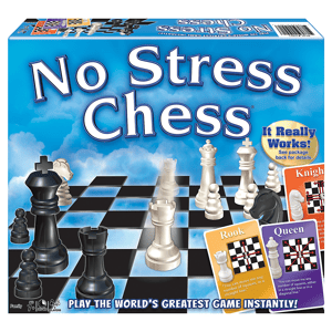 No Stress Chess game box features chess pieces on a checkered board and instructional cards for learning the game. Designed for ages 7 and up, 2 players.