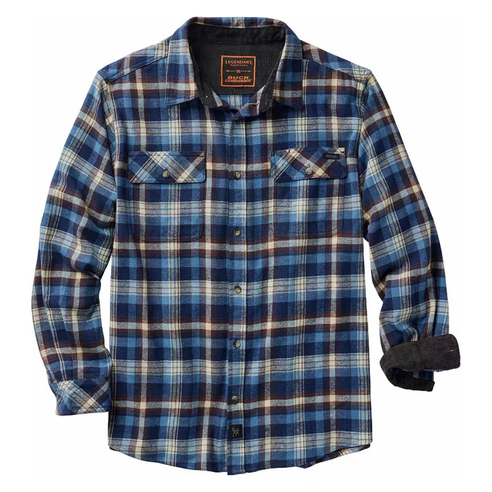 Blue and brown plaid button-up flannel shirt with two chest pockets and contrast-colored inner cuffs, featuring a classic collar.