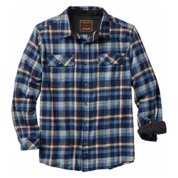 Blue and brown plaid button-up flannel shirt with two chest pockets and contrast-colored inner cuffs, featuring a classic collar.