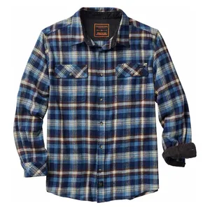 Blue and brown plaid button-up flannel shirt with two chest pockets and contrast-colored inner cuffs, featuring a classic collar.