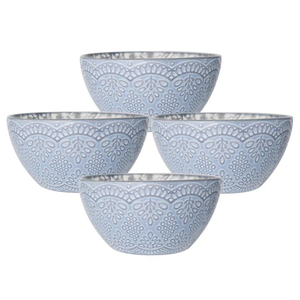 Set of four light blue ceramic bowls with intricate embossed patterns.